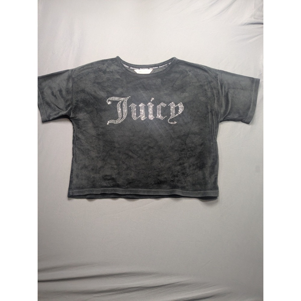 Juicy Couture Black Velour Rhinestone Logo Sleep Shirt Short Sleeve Crop Top S
